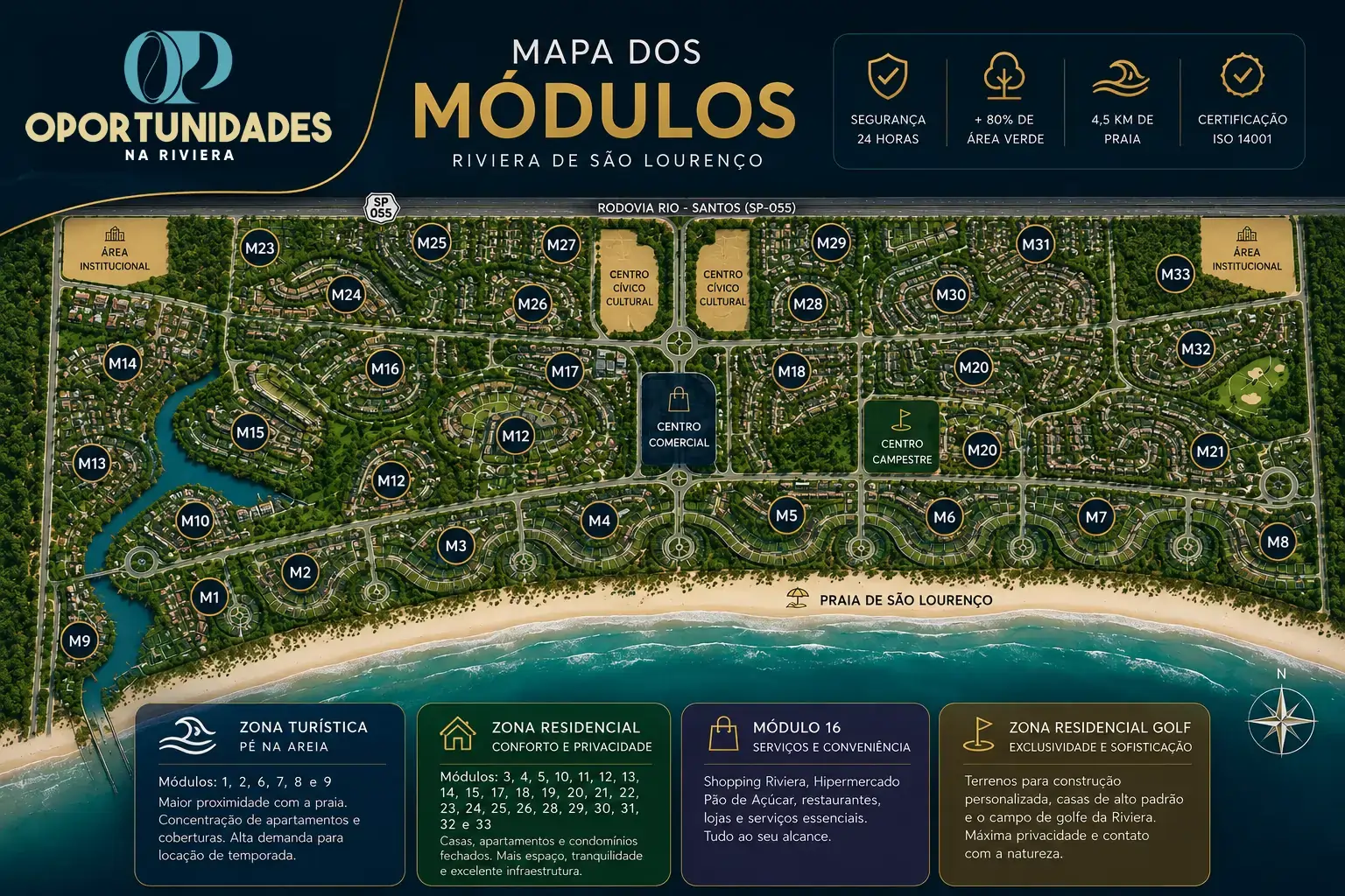 Localização do Riviera de São Lourenço no mapa da Riviera de São Lourenço, Bertioga SP, próximo à Praia de São Lourenço